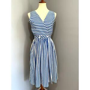 VTG Alison J Blue White Striped Wrap Dress Sleeveless Midi Preppy Nautical, 10